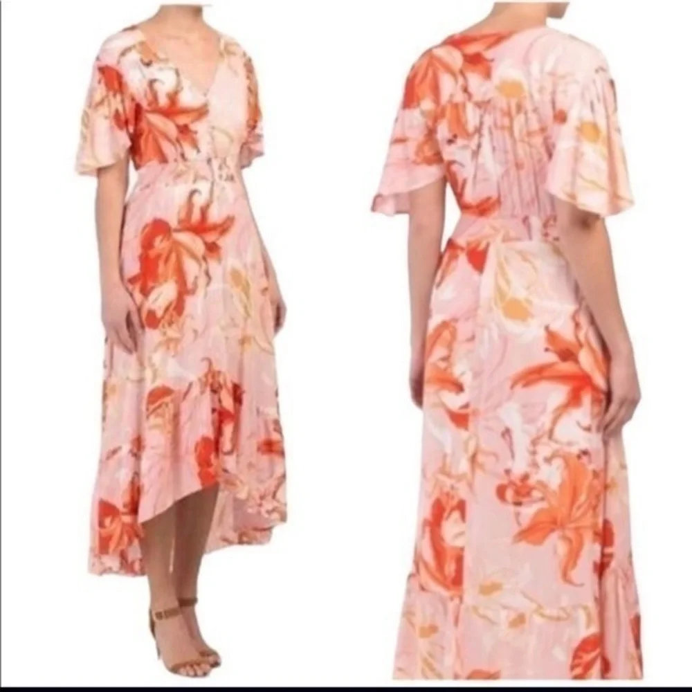 Pink Floral Lily Print High Low Maxi Dress Short Flutter Sleeve‎ Smocked Waist